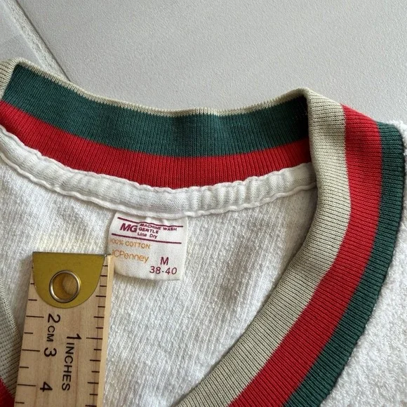 Vntg 70s Terry Cloth V-Neck Shirt Retro Athletic Stripe Tee M 38-40 USA Cotton - Picture 4 of 8